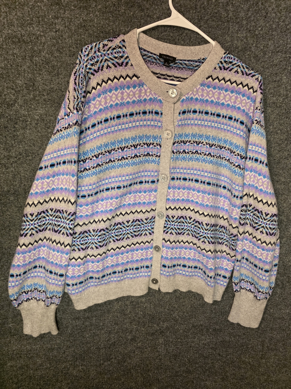 Talbots Fair Isle Cardigan Sweater Women’s XL Oatmeal Purple Blue Nordic Merino